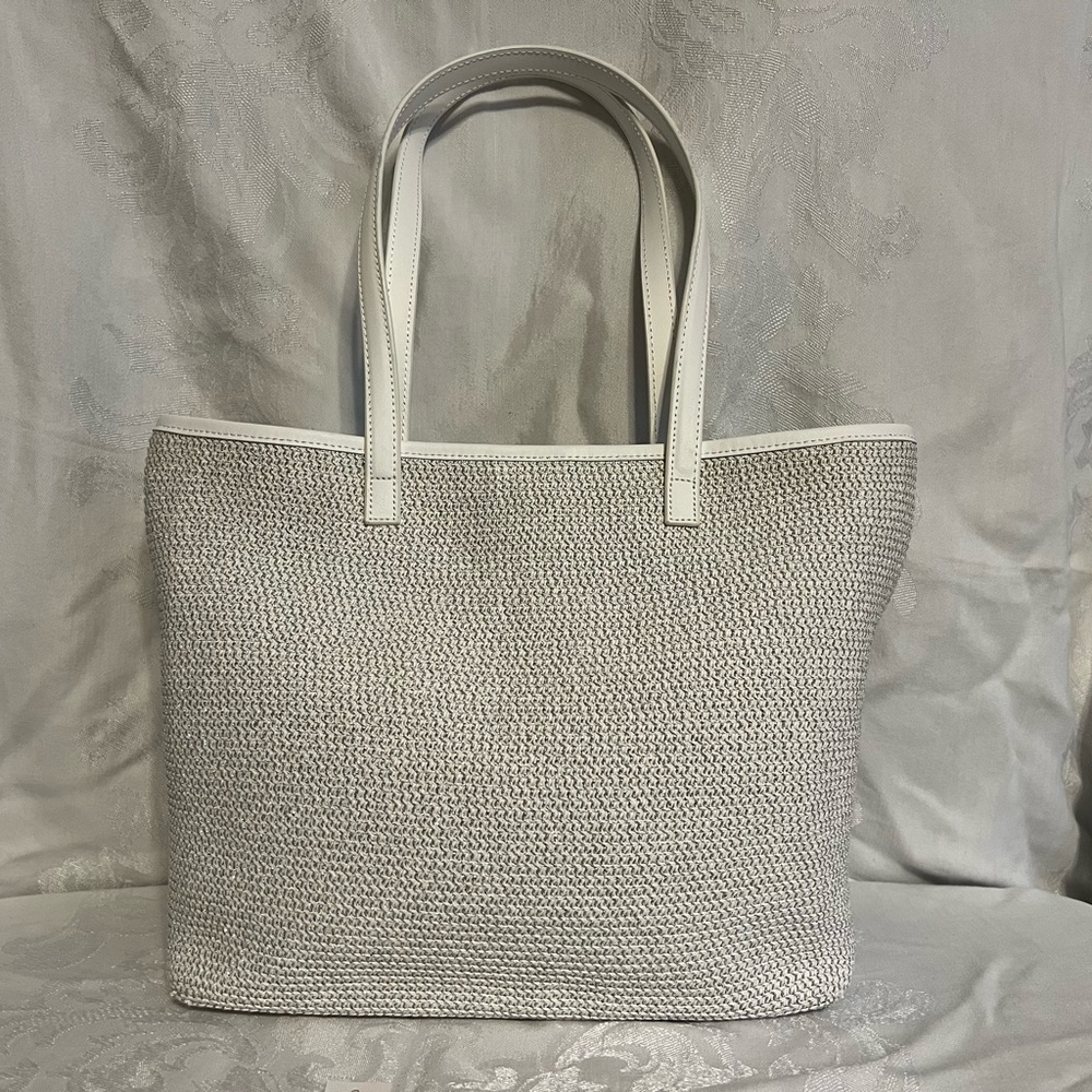 Talbots woven white and metallic silver tote bag with leather trim and handles.